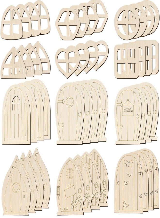 Haoser 48 Pcs Fairy Door Wooden Garden Doors Craft Mini Window Fairy House DIY Kit Unfinished Miniature Door Unpainted Fairy Window Accessories for Wall Home Party Decoration (Delicate Style) - Image 1